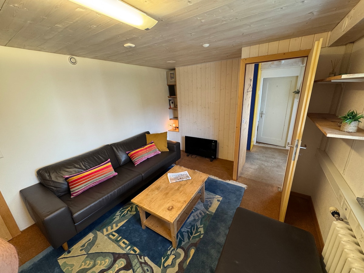 A comfortably furnished living area features a dark leather sofa adorned with colorful cushions, complemented by a rustic wooden coffee table. Natural light filters in through a nearby window, illuminating the space. A simple storage shelf is visible along the wall, contributing to the functional design.
