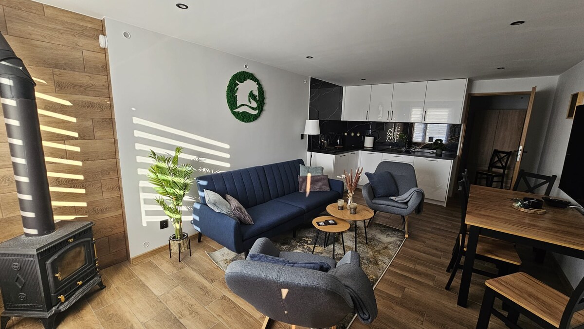 A modern living area features a navy blue couch paired with two light blue armchairs. A round coffee table is centered on a soft area rug. Sunlight streams through the windows, casting striped shadows. A wooden dining table and a black stove are also visible.