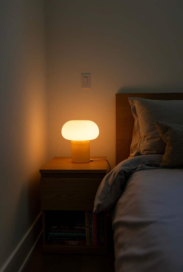 Dobite si baterky. Jemná žiara na konci dňa – útulné osvetlenie pri posteli a upokojujúce neutrálne farby pre pokojné noci.
