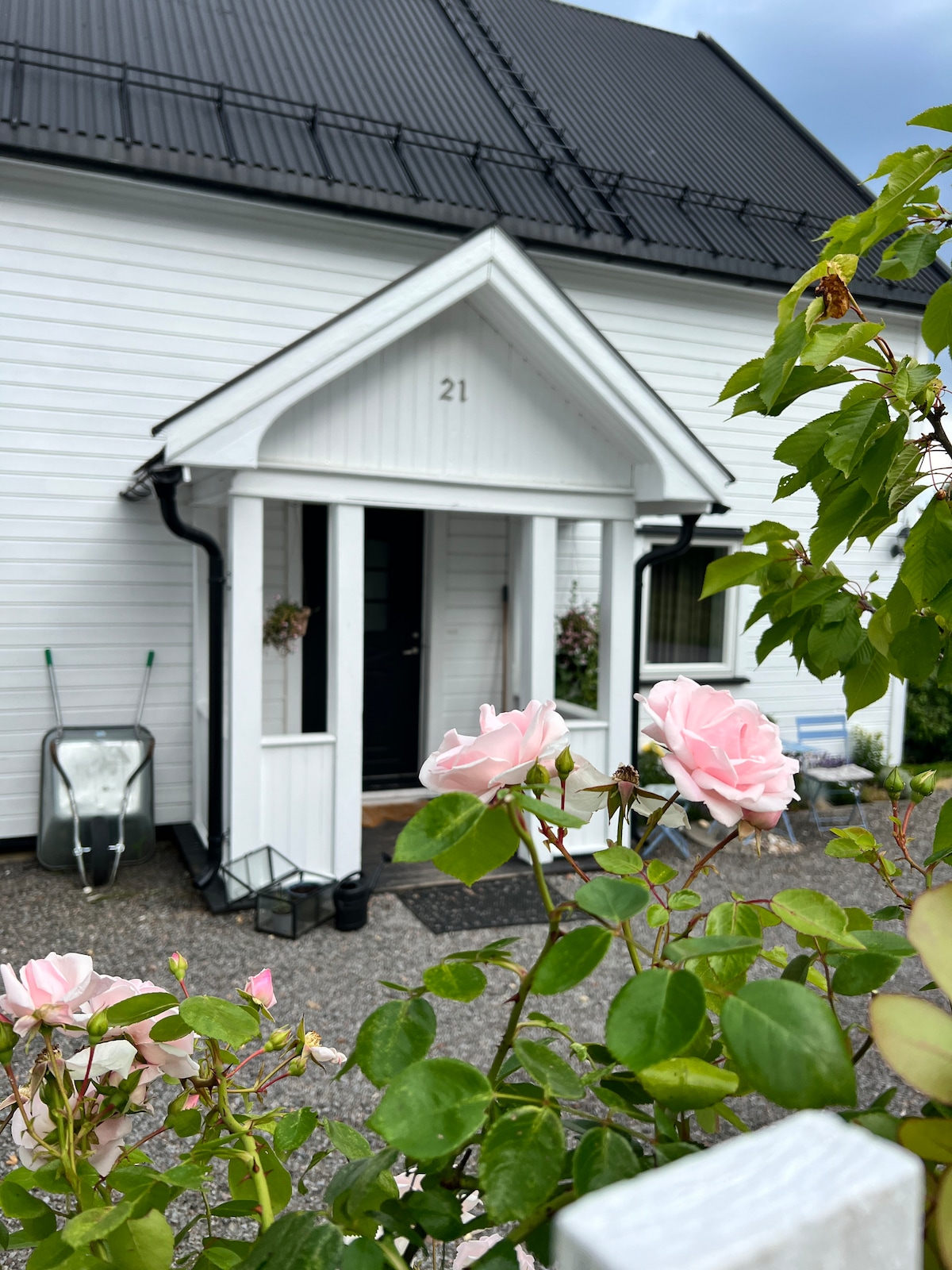The front entrance of a white house is framed by delicate pink roses. A gravel pathway leads to the door, which features a small porch. The house is adorned with black roof tiles, enhancing its classic charm.
