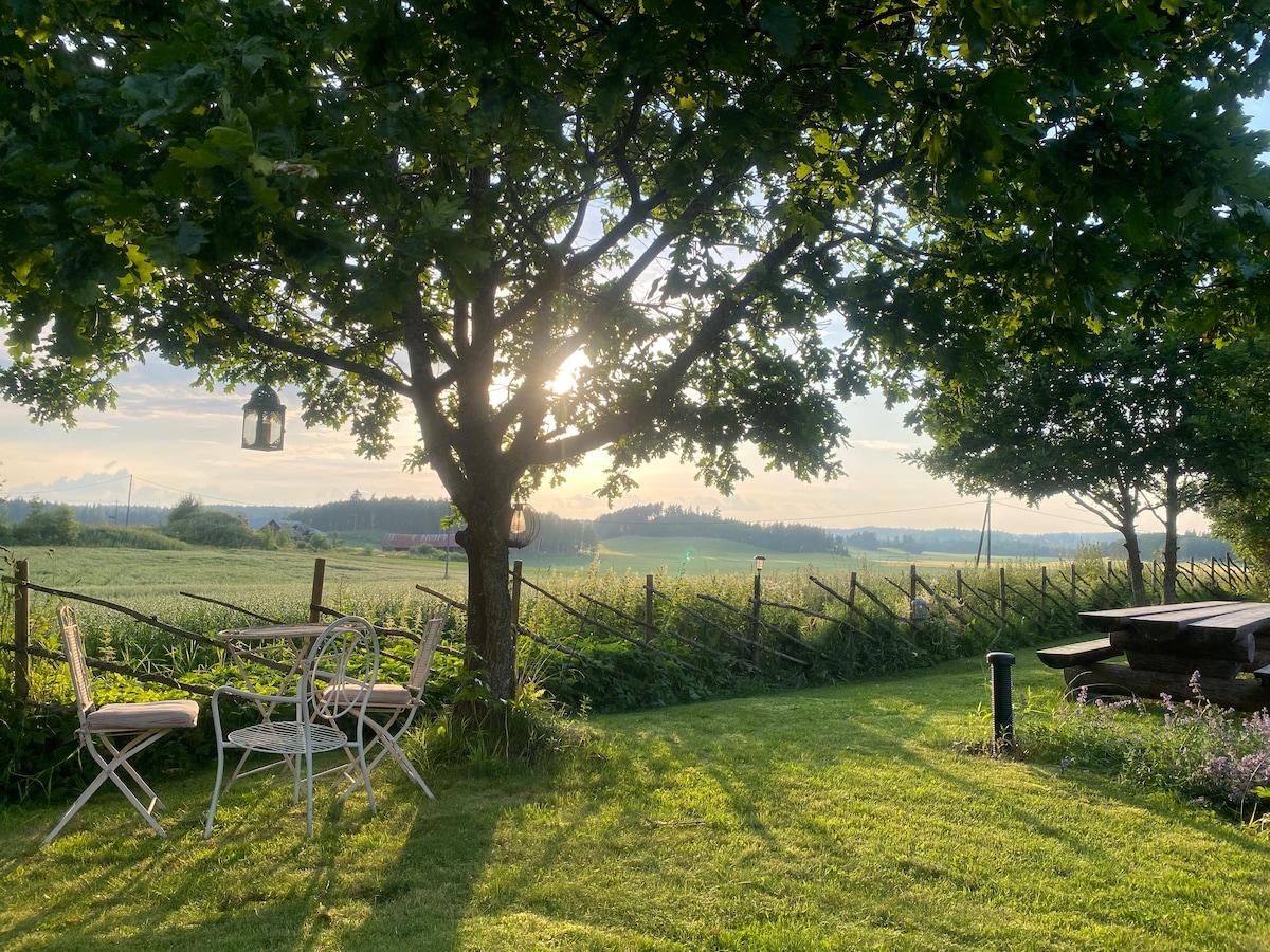 A peaceful garden scene showcases two white chairs positioned beneath a tree, with sunlight filtering through the leaves. In the background, expansive green fields stretch towards the horizon, with a wooden picnic table adjacent to a fire pit. The tranquil atmosphere encourages relaxation.