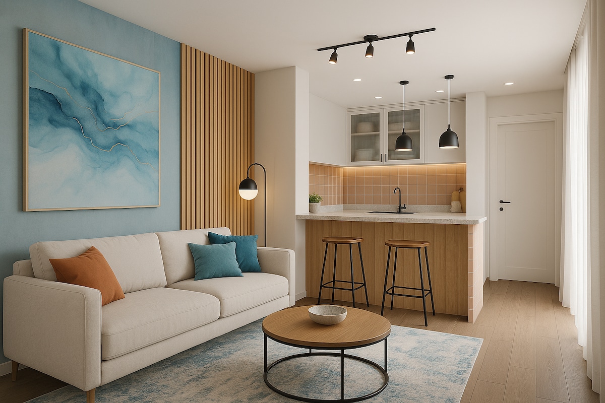 An integrated living area showcases a modern, clean design with a light-colored sofa adorned with cushions. A round coffee table sits on a patterned rug, while two sleek bar stools are positioned at a well-lit kitchen island. A large piece of wall art adds color to the space.
