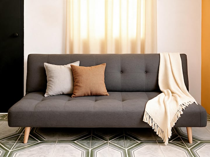 Sofa bed sleeps 1 adult or 2 kids, plus the smart TV for movie night.