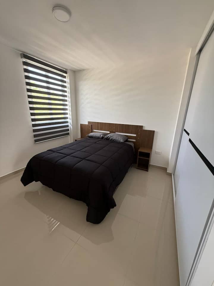 Værelset har et skab og en queensize-dobbeltseng. 