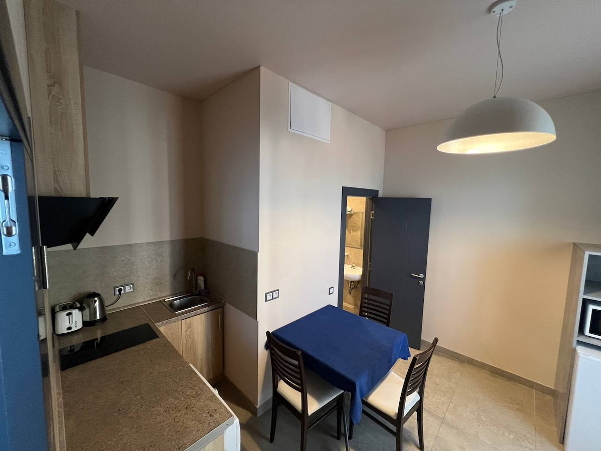 A compact kitchen area features modern appliances including a kettle and a microwave. A dark wooden table with four matching chairs is centrally placed, complemented by light-colored walls. A door leads to a bathroom, and warm lighting enhances the space.