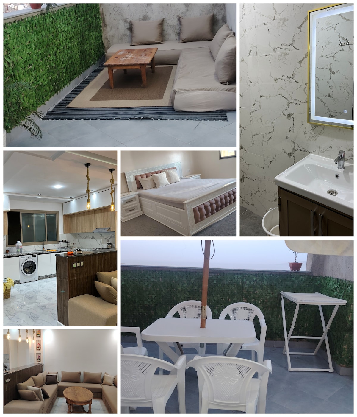 A collage displays various areas of a modern apartment. An inviting living area is shown with a light-colored sofa and a wooden table. A sleek kitchen features modern appliances, while a bathroom includes a simple vanity. The terrace is furnished with a dining set, surrounded by greenery.