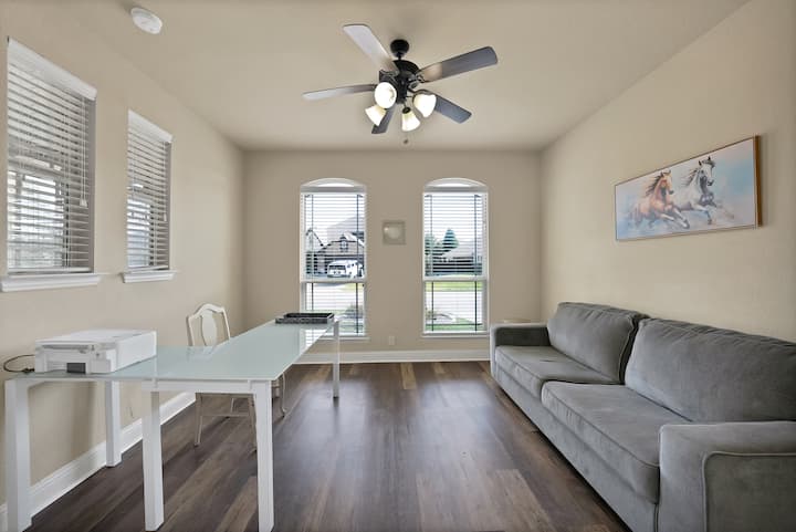 Dedicated office space with a desk, chair and a sofa bed (queen size). Extra pillows and blankets are provided by request only. 