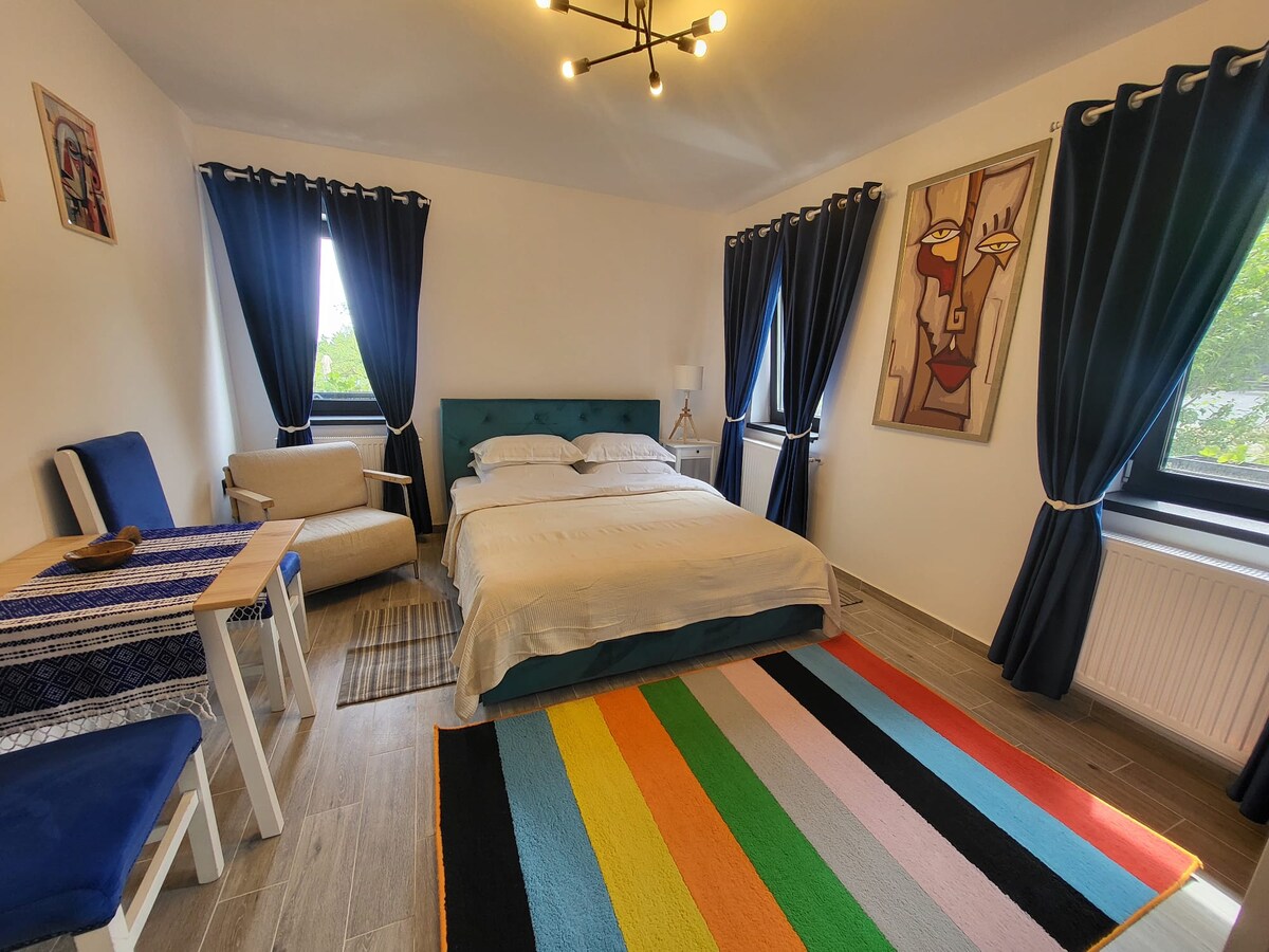 A well-lit sleeping area features a spacious bed with crisp linens, complemented by colorful wall art. Two blue chairs and a small table are positioned nearby. Large windows with dark curtains frame the space, while a vibrant, striped rug adds a touch of color to the floor.
