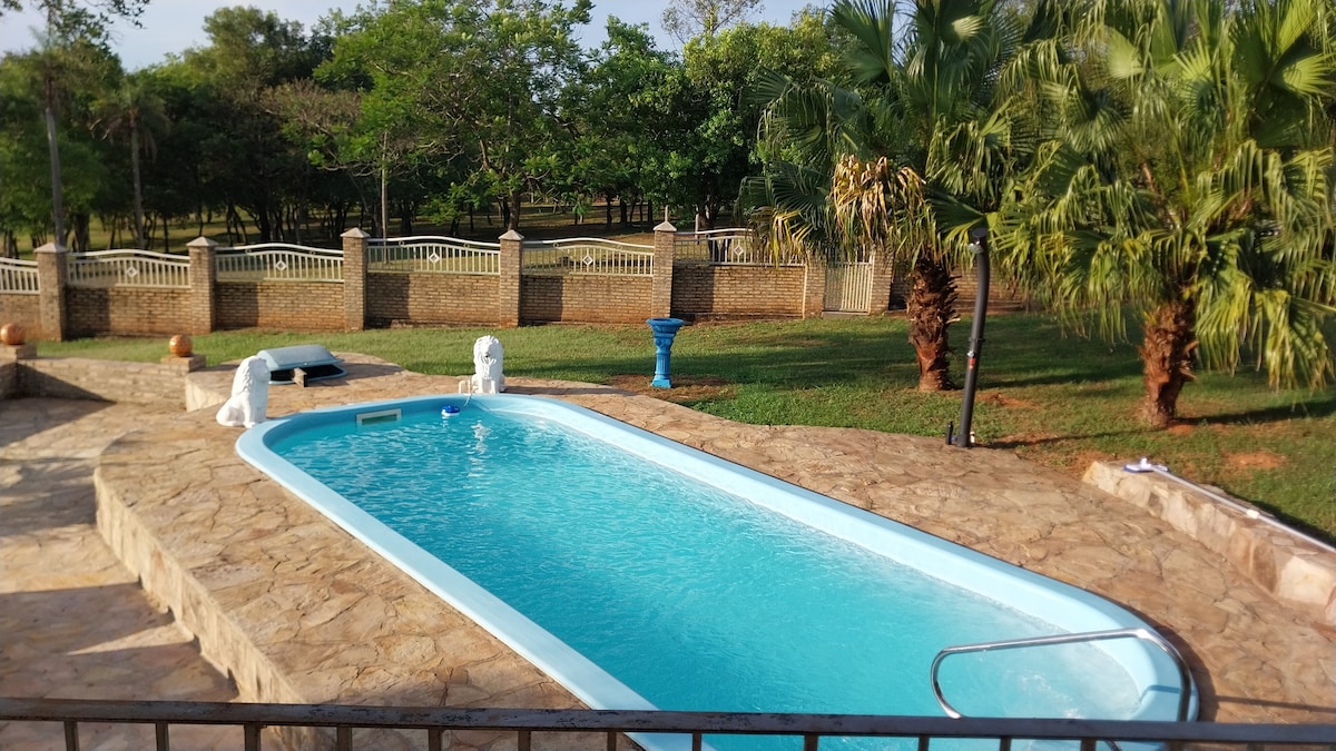 A swimming pool is visible, featuring clear blue water. Surrounding the pool, a spacious stone patio offers sunbathing areas. Lush greenery and tall palm trees are present, enhancing the tranquil setting of the outdoor space. A low brick wall provides a sense of privacy.