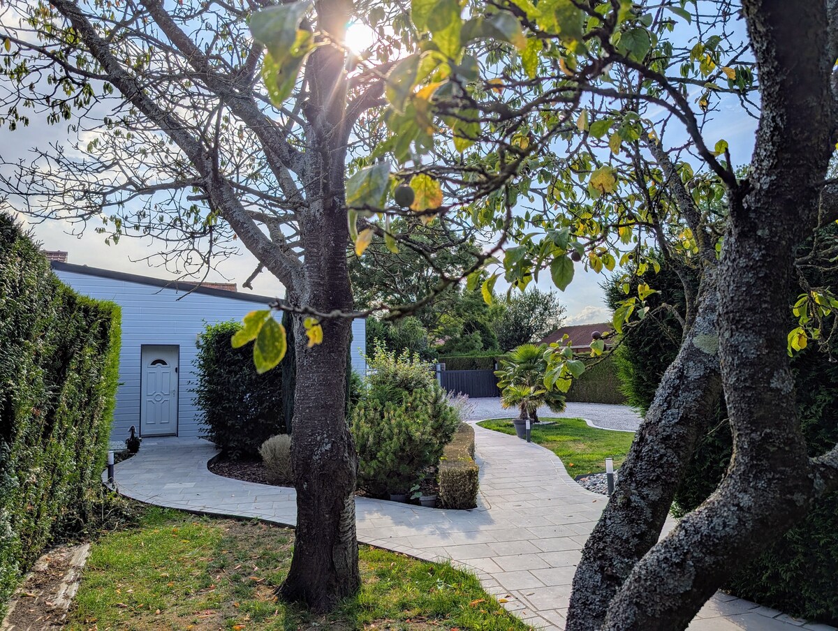 A pathway winds through a well-tended garden, framed by lush greenery and trees. The entrance of the property is visible, illuminated by soft sunlight peeking through the leaves, creating a serene outdoor atmosphere.