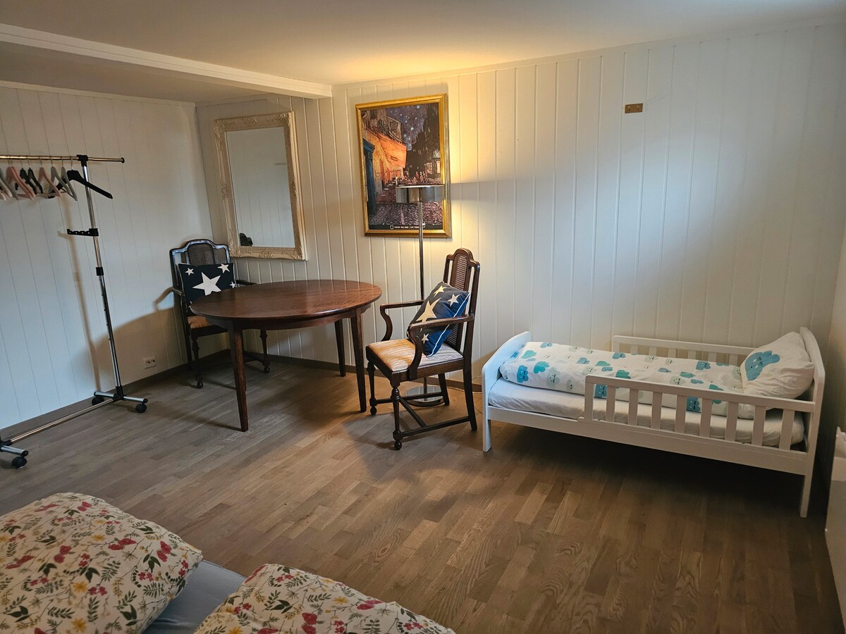 יש מיטה זוגית 180x200 ס"מ ושולחן וכיסאות ומתלה לבגדים ומיטה מתקפלת 70x140. החדר הוא 17 מ"ר, כך שיש שפע של מקום.