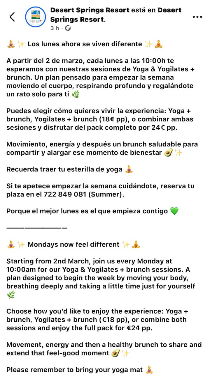 Yoga, brunch y bienestar: actividades semanales en el resort.
