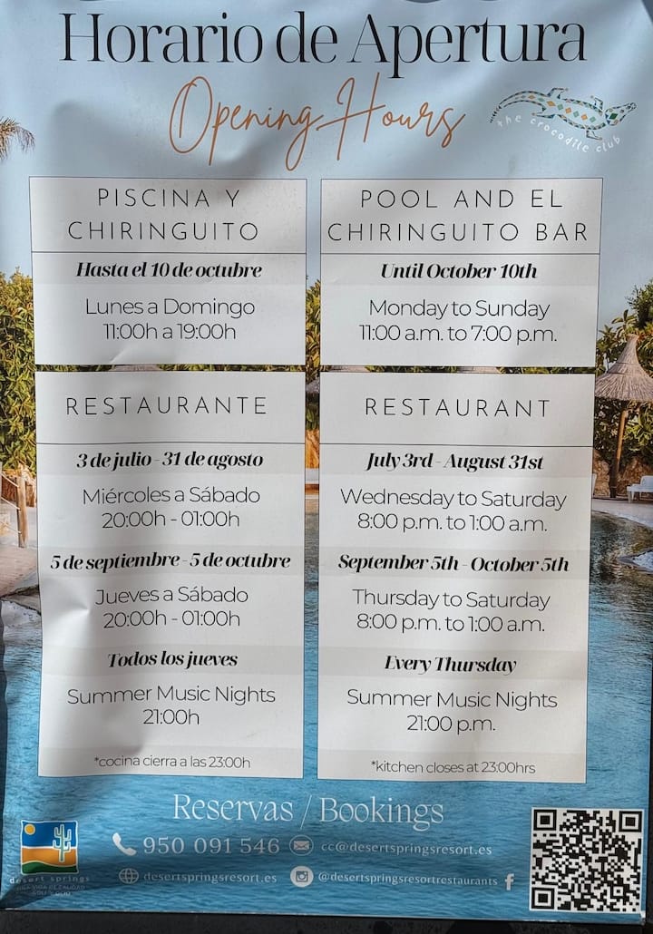 Horarios del restaurante durante la temporada.