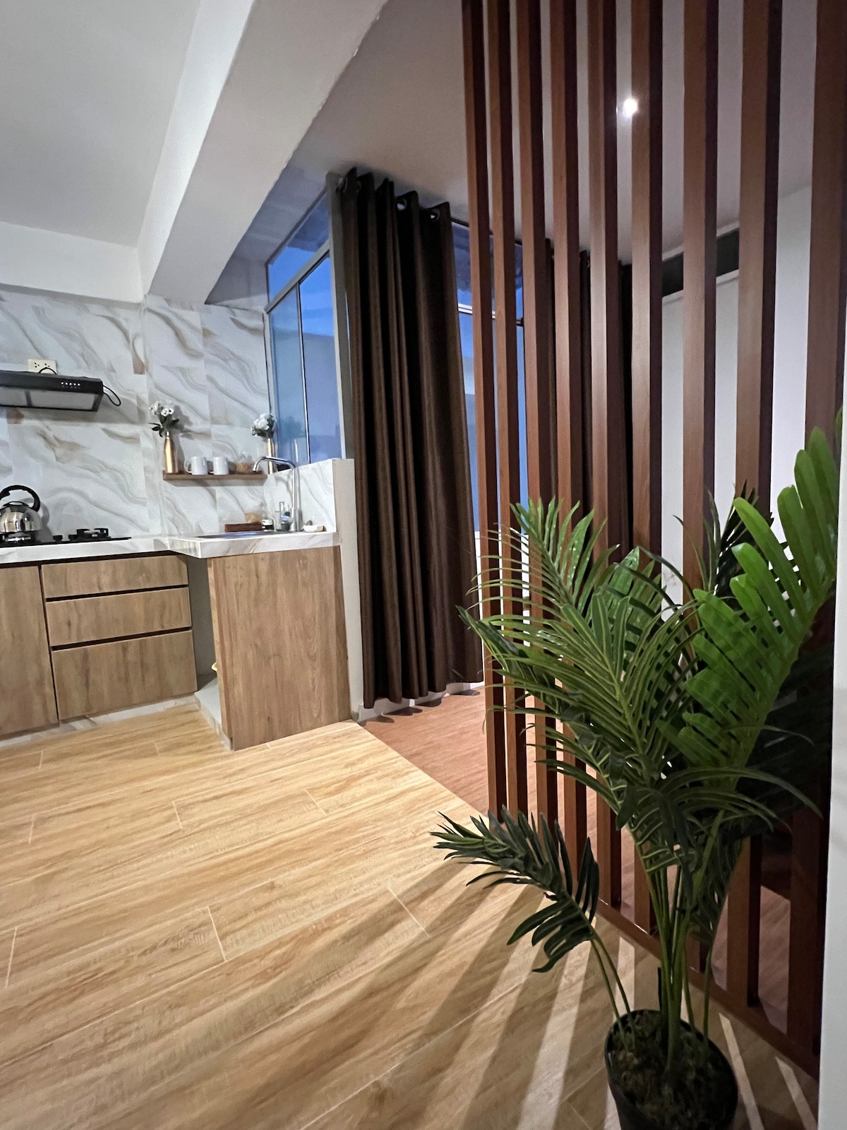 An open kitchen area is highlighted by elegant cabinetry and modern appliances. A potted plant adds a touch of greenery to the space, while large windows allow natural light to fill the room. Neutral tones create a calming ambiance with a divider maintaining privacy.
