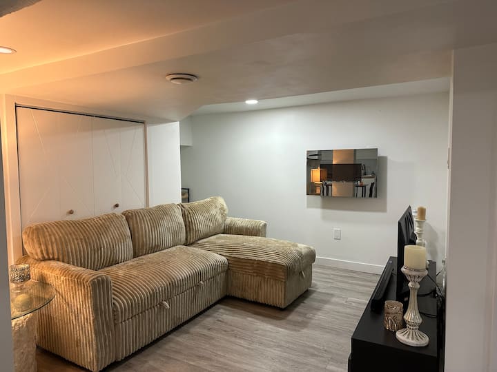 غرفة معيشة بها سرير أريكة. 