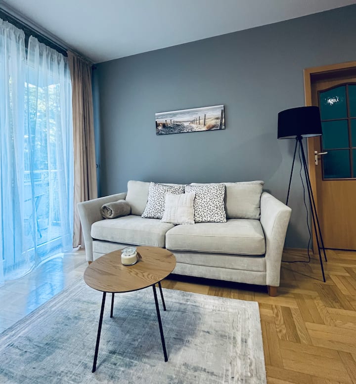 Un salón acogedor: un cómodo sofá cama, una mesa de centro y un elegante cuadro dan personalidad al interior. La lámpara de lectura proporciona un descanso cómodo. Lugar perfecto para relajarse después de hacer turismo o trabajar a distancia.