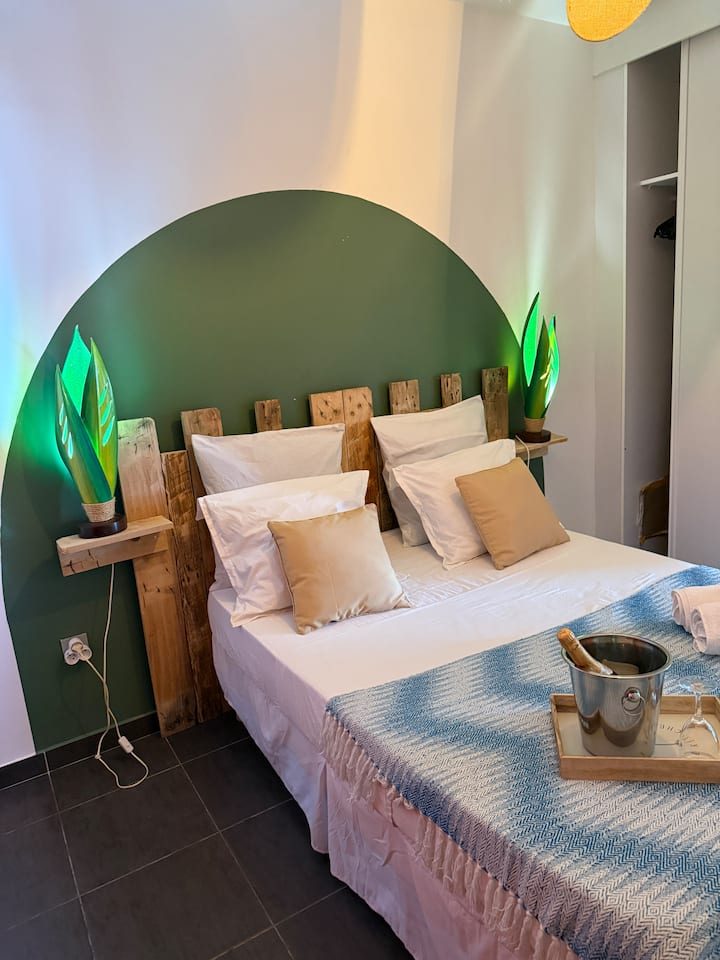 Comfortable bedroom with double bed, air conditioning, blackout blind, video projector, storage closet, hangers, iron, and amenities designed for a pleasant and convenient stay in Cayenne.