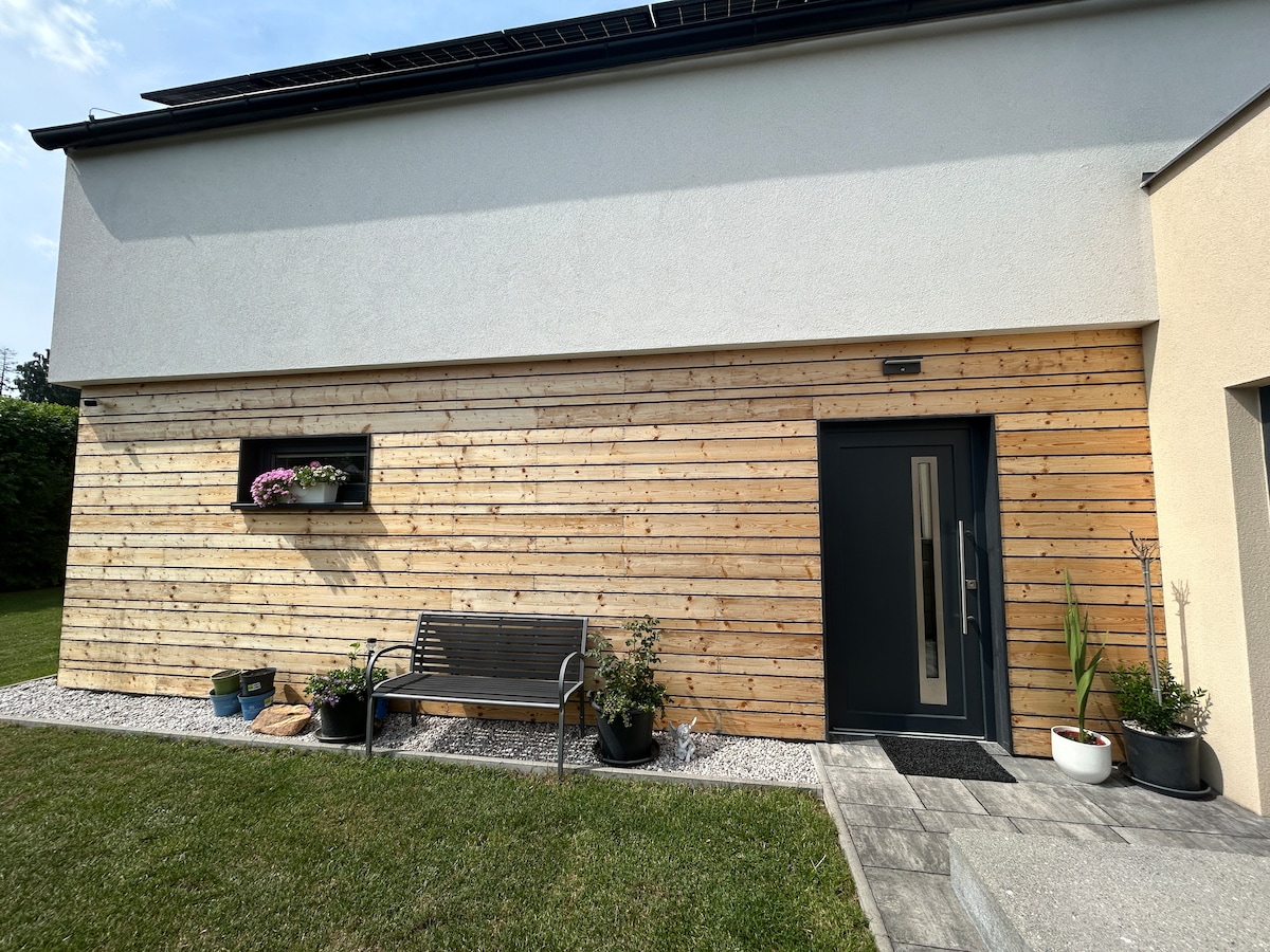The exterior of the modern accommodation is shown, featuring a sleek design with a combination of wood and neutral-colored walls. A minimalist bench sits in front of the entrance, surrounded by potted plants and flowers, adding a touch of greenery to the space.
