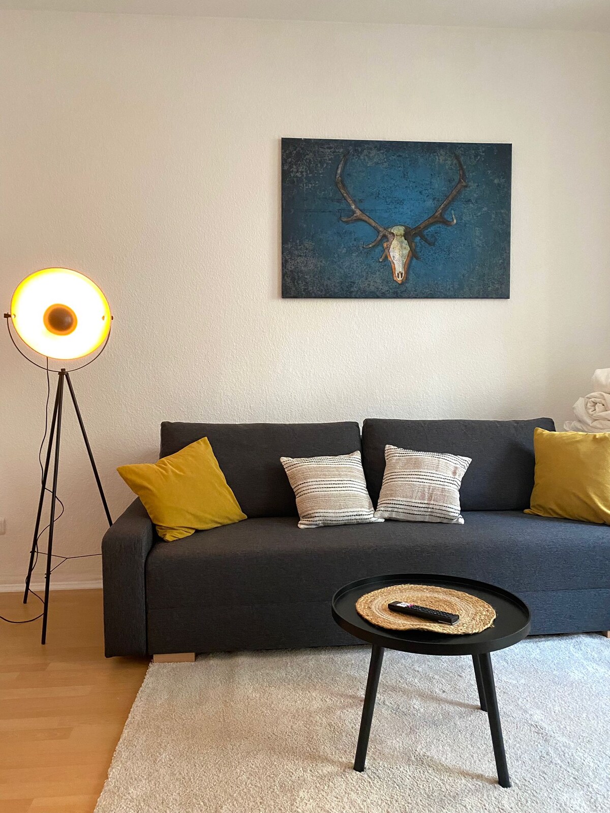 סלון נעים עם ספה וטלוויזיה חכמה. מושלם למנוחה. #BlueChili