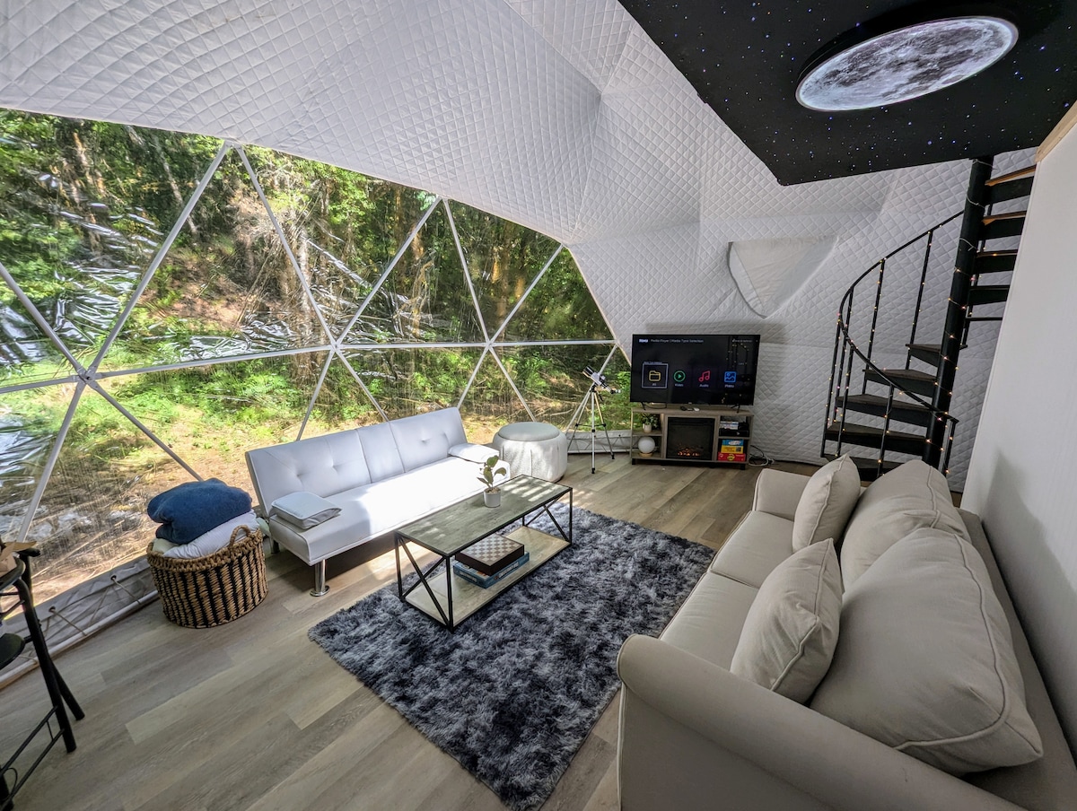 The bright living area features a modern design with a cozy sectional sofa and a plush area rug. A coffee table sits centrally, complemented by a large flat-screen TV. Expansive geodesic windows provide views of the lush forest outside, while a spiral staircase leads to the lofted sleeping area.