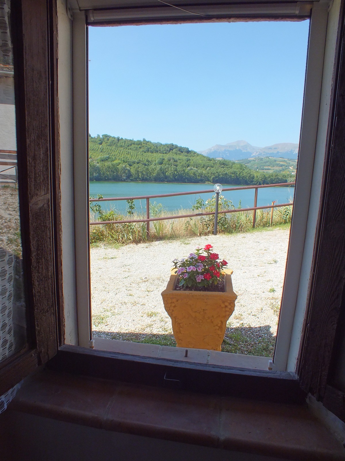 A view from a window showcases a vibrant flower pot set against the backdrop of a serene lake and lush green hills. Bright sunlight illuminates the landscape, highlighting the natural beauty of the surroundings.