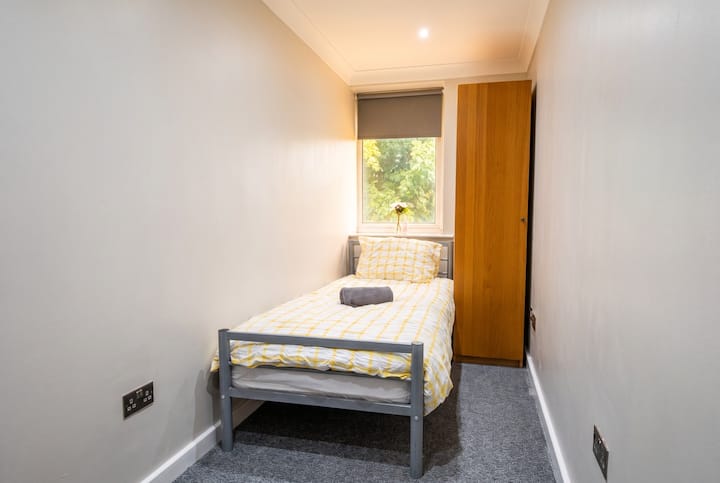 Bright single bedroom framed by treetop views and warm neutral tones