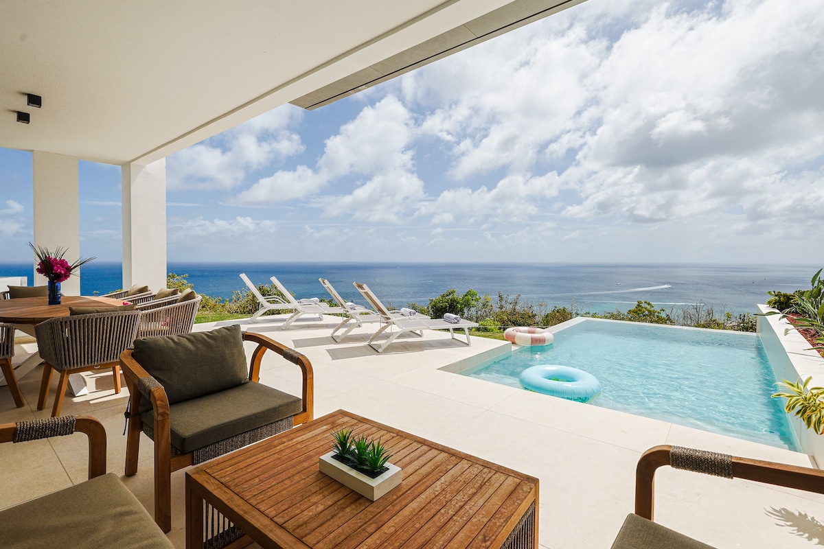 An outdoor seating area features a wooden table and comfortable chairs, facing expansive views of the coastline and the ocean. A private saltwater pool reflects the sky, while lounge chairs are positioned nearby. Lush greenery outlines the serene setting under a partly cloudy sky.