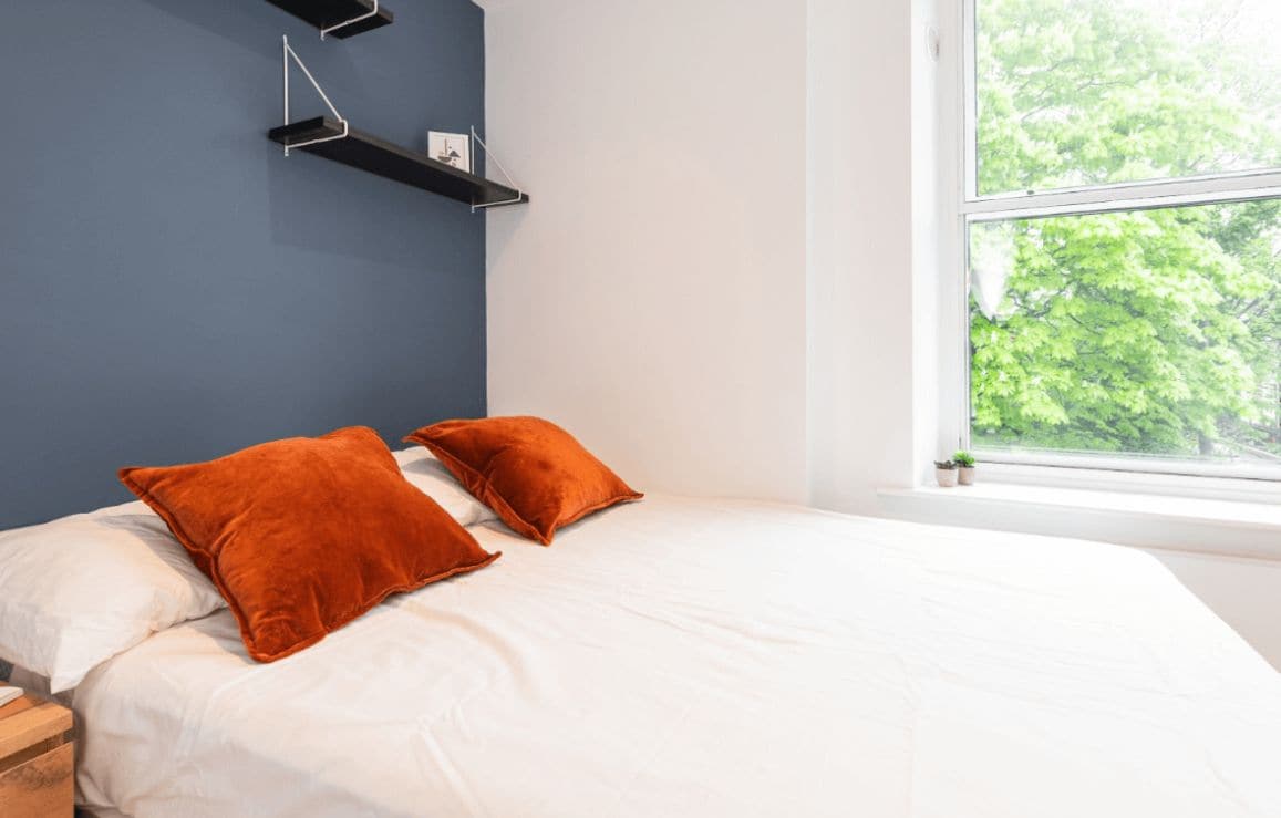 A cozy sleeping area features a spacious bed adorned with two warm-colored cushions. The wall behind the bed is painted in a deep blue, while a large window allows natural light to enter, illuminating the space. A small potted plant sits on the windowsill.