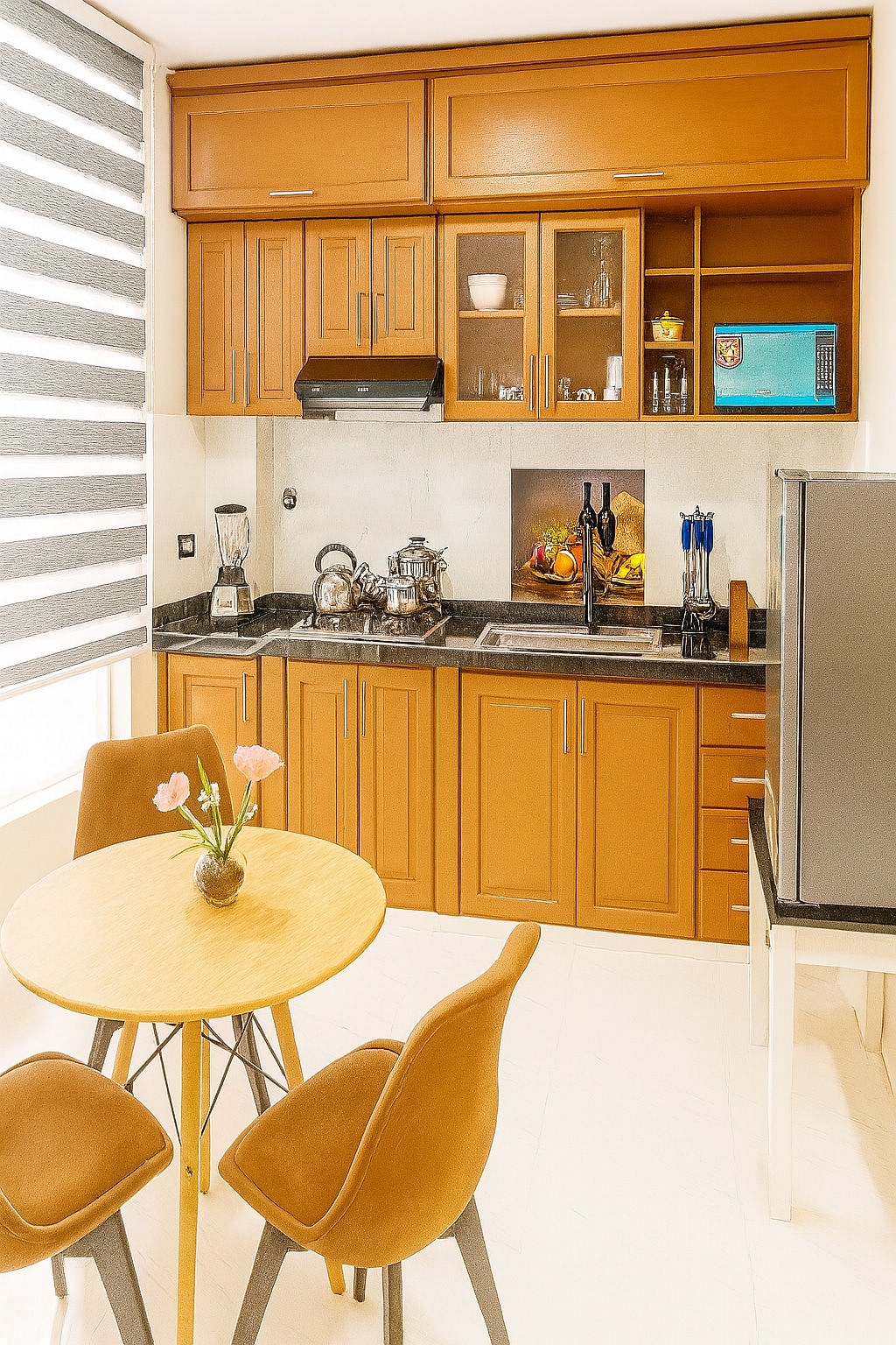 A compact kitchen area features warm wooden cabinetry and a black countertop. Kitchen appliances are organized, including a blender and a sink with a stylish faucet. A round table with four chairs is placed nearby, complemented by a small vase with pink flowers.