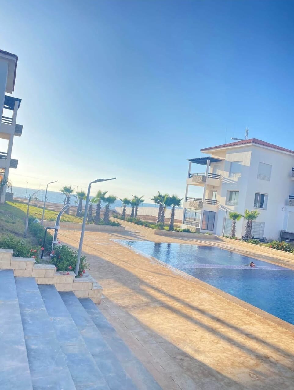 A serene outdoor area showcases a clear swimming pool surrounded by palm trees and grass. Steps descend from a neighboring building, leading toward the pool area. The sky is bright and clear, providing a calm atmosphere for relaxation.
