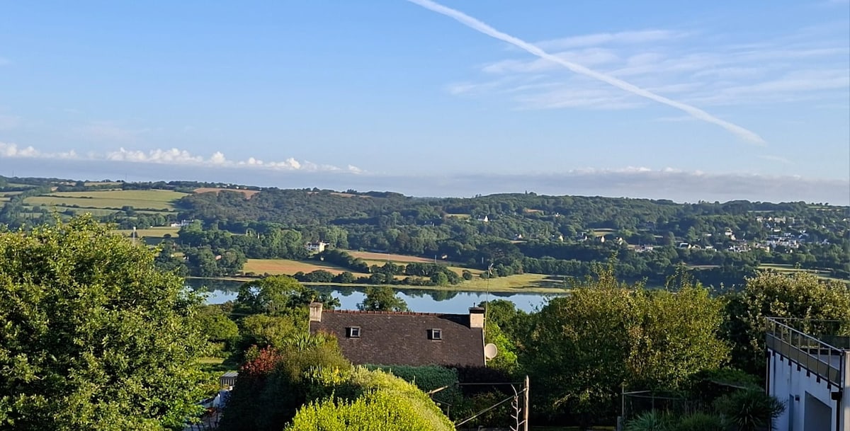 A scenic view presents rolling green hills and a reflective body of water. The sky is clear with a few clouds and faint traces of jet streams. Lush trees frame the foreground, enhancing the natural beauty of the surrounding landscape.