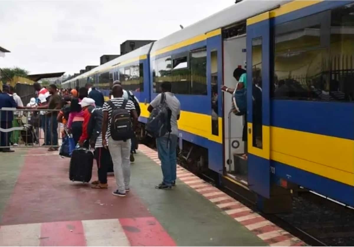 Passengers boarding the Trans-Gabon train at Owendo station