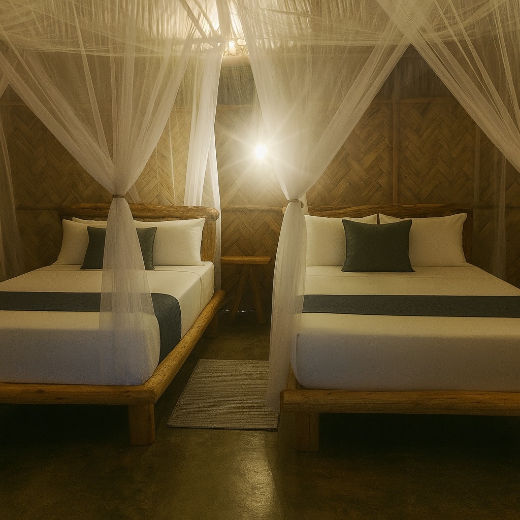 เตียงคู่ 2 เตียงพร้อมมุ้งกันยุงภายในเคบินทรงกลมที่ทอด้วยมือซึ่งสร้างโดยชุมชนโคกุย การออกแบบที่พิถีพิถันช่วยให้มีการไหลเวียนของอากาศ ความสบาย และความสงบ เหมาะสำหรับเพื่อน ครอบครัว หรือทุกคนที่ต้องการผ่อนคลาย