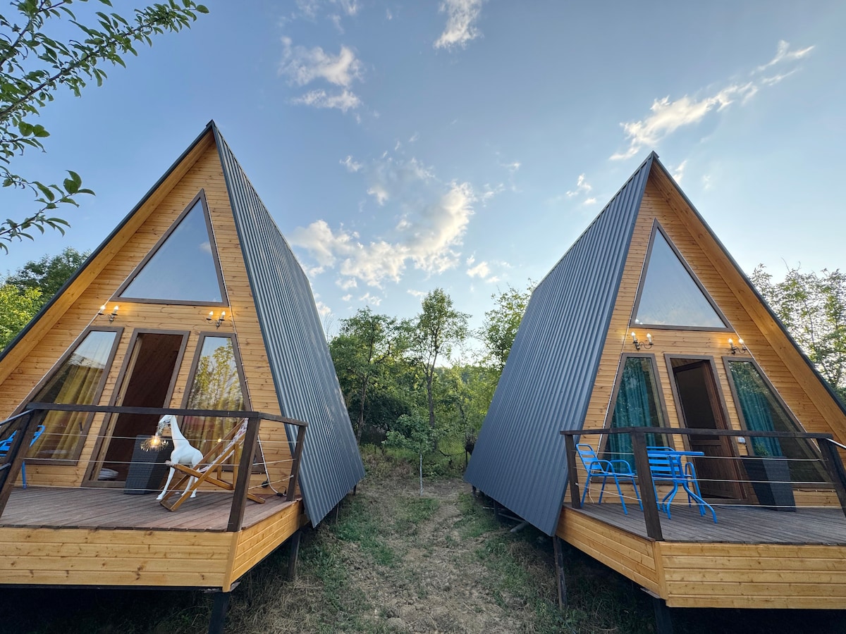 Two triangular cottage structures are visible, featuring wooden exteriors and large glass windows. A small porch is present with blue chairs and a wooden rocking chair. The surrounding landscape consists of lush greenery under a clear sky with scattered clouds.