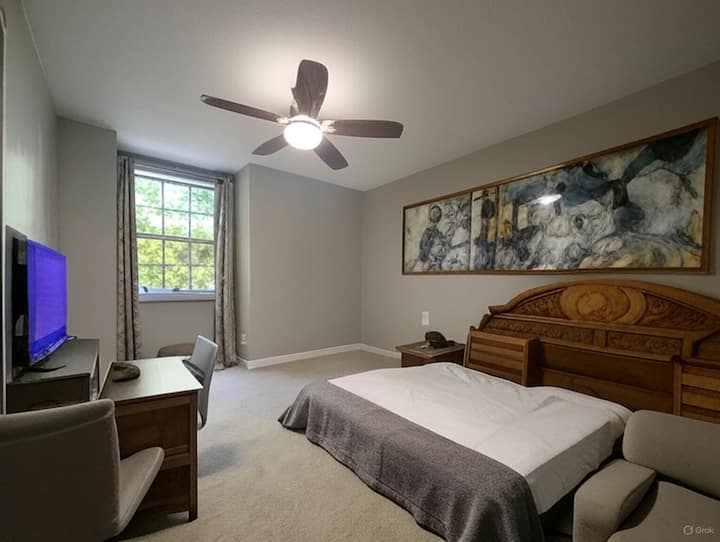 This room is staged and will be furnished with a queen sized bed. 