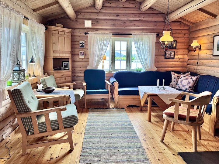 Stue med mange sitteplasser. Sofaen kan gjøres om til en sovesofa.