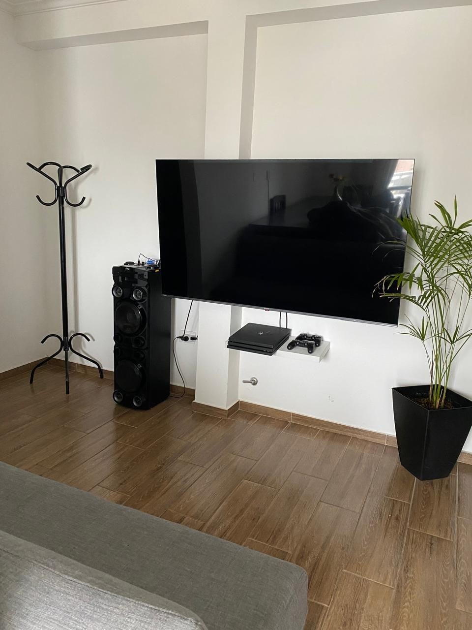 A modern living area is presented with a large flat-screen television mounted on the wall. To the side, a black audio tower stands next to a decorative plant in a sleek planter. A coat stand is positioned in the corner, complementing the warm wooden flooring.