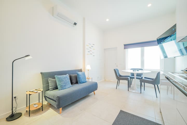 Salon avec table à manger ou de travail, télévision 55 pouces, canapé (convertible en canapé-lit).