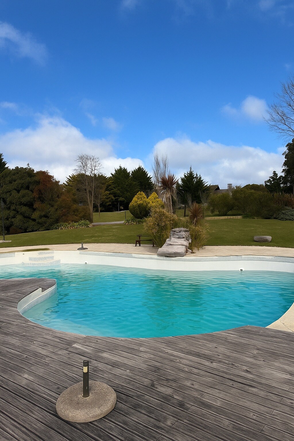 A large outdoor pool is surrounded by a wooden deck, with a gentle curve enhancing its shape. Lush greenery and trees are visible in the background, under a clear blue sky, creating a serene environment suited for relaxation.
