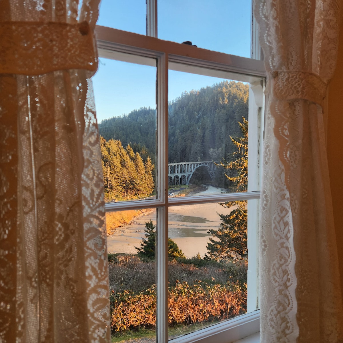 A scenic view is captured through a lace-curtained window, showcasing the historic Cape Creek Bridge against a backdrop of lush, evergreen trees and a clear sky. Soft golden light illuminates the landscape, highlighting the natural beauty of the surroundings.