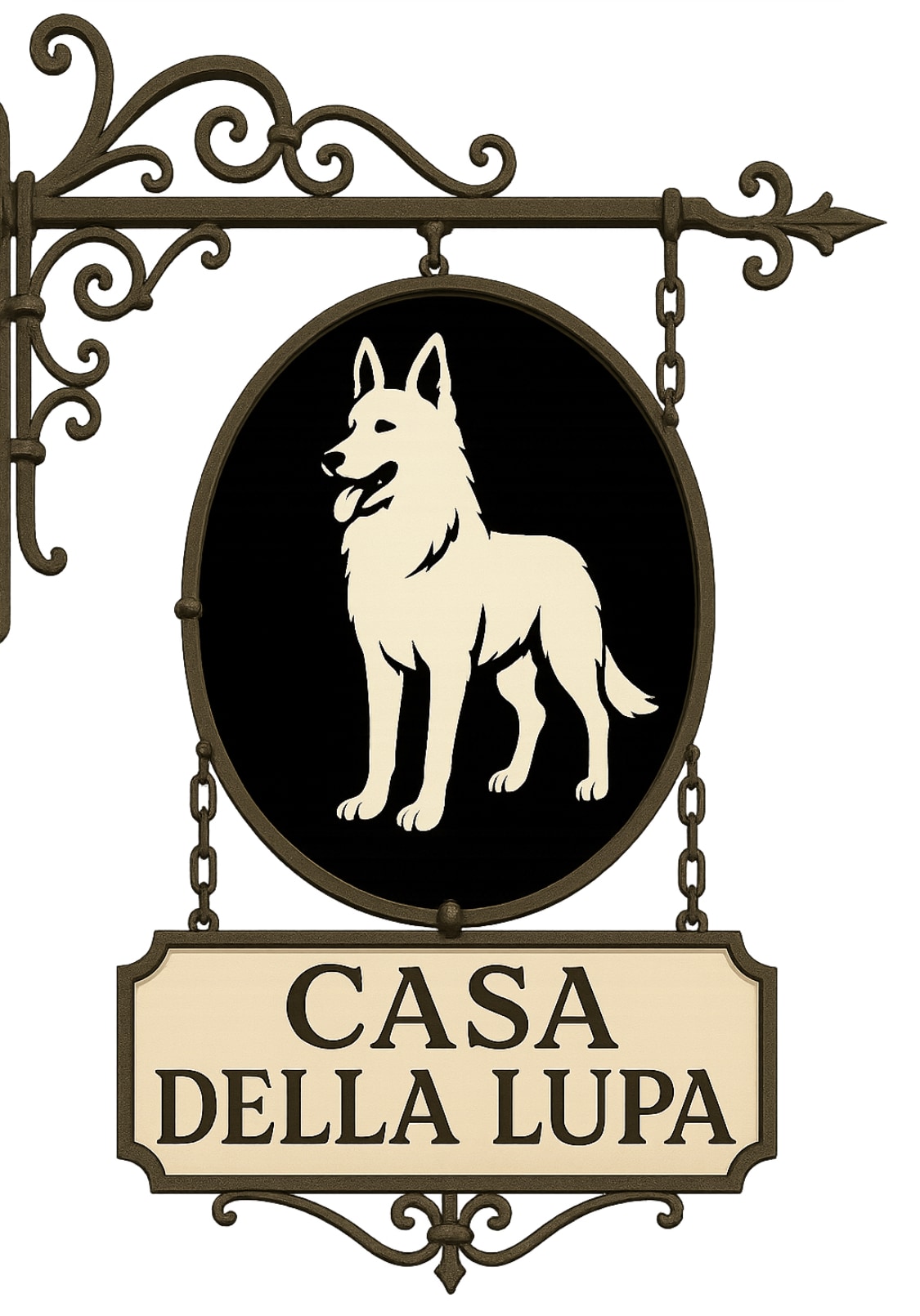 A decorative sign featuring an illustration of a dog, along with the name 'Casa della Lupa.' The sign has a classic design, with a black background and ornate hanging details that frame the central image. The structure appears to be intended for clear visibility.