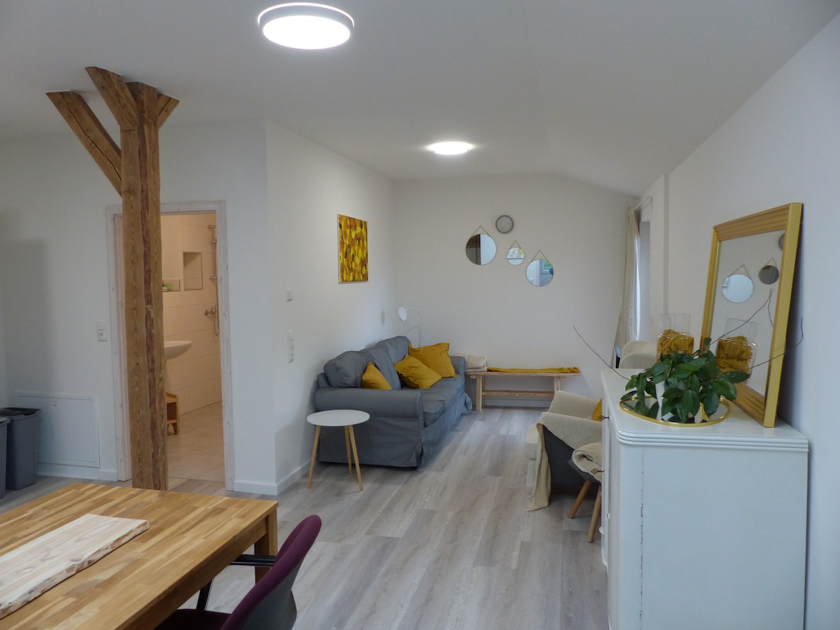 A comfortable living space is visible, featuring a gray sofa adorned with yellow cushions and a light wooden coffee table. A large dining table is seen in the foreground, while walls are decorated with simple art. Multiple mirrors reflect the room's light, enhancing the bright ambiance.