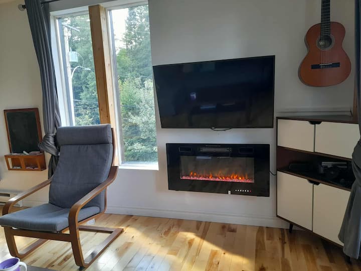Feu artificiel mais chaud, fais attention aux enfants.

Hermosa chimenea acogedora. El fuego falso tiene la opción de usarse como fuente de calor o no, por favor, cuida a tus hijos alrededor de esto.