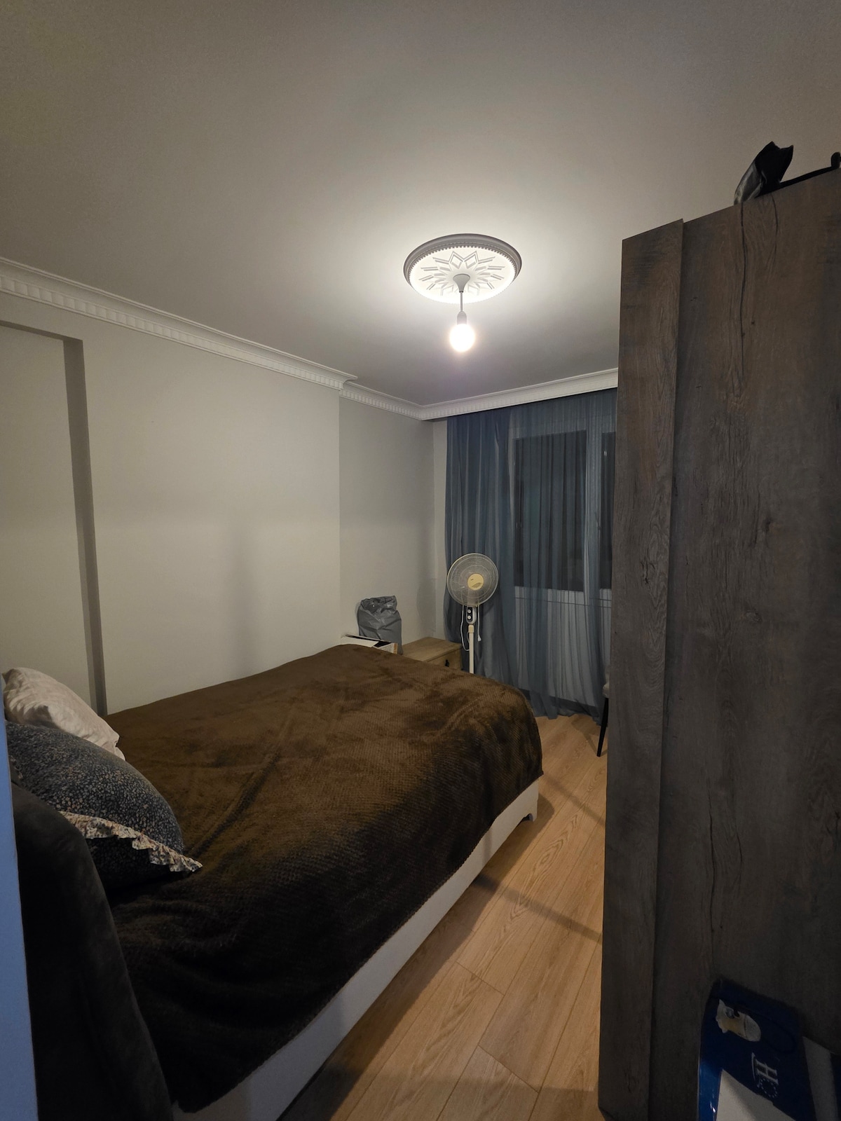 A cozy bedroom features a spacious bed covered with a dark brown blanket. A standing fan is positioned nearby, and natural light is filtered through sheer curtains on a window. Soft wall colors create a calming atmosphere, complemented by a decorative ceiling fixture.