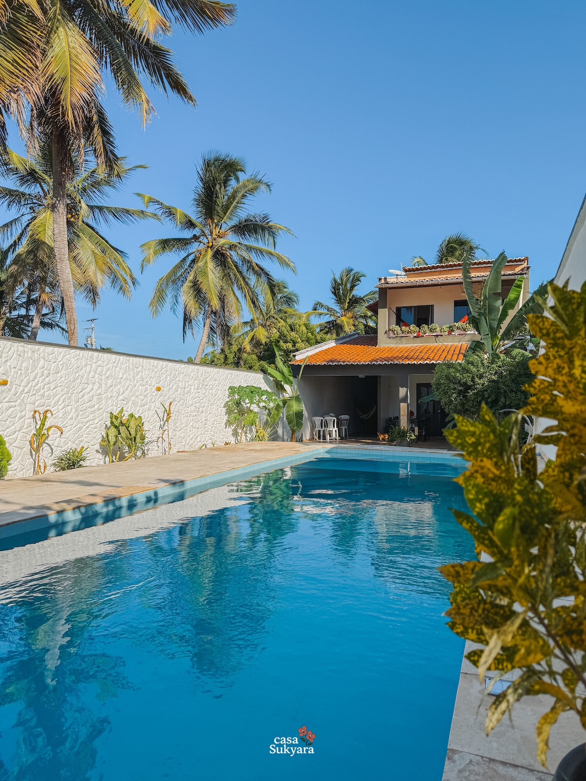 A serene pool area is bordered by lush palm trees, inviting relaxation under clear blue skies. A two-story house with a red-tiled roof stands in the background, and a pathway leads to the entrance. The vibrant greenery adds a natural touch to the tranquil space.