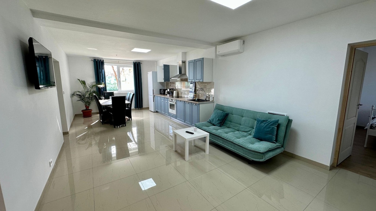 A bright living area is characterized by a modern open layout. A comfortable green sofa and a small white coffee table sit near a flat-screen TV. The kitchen features blue cabinetry and stainless-steel appliances, while sunlight streams through a large window adorned with sheer curtains.