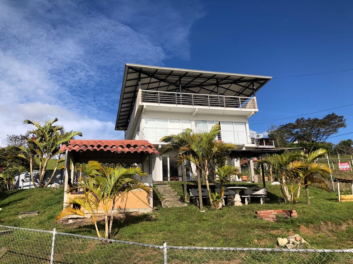 A multi-level house is set on a hillside, featuring a large patio surrounded by tropical plants. A sloped roof with modern lines complements the structure. Steps lead down to a spacious outdoor area, enhancing the connection between the house and its natural surroundings.