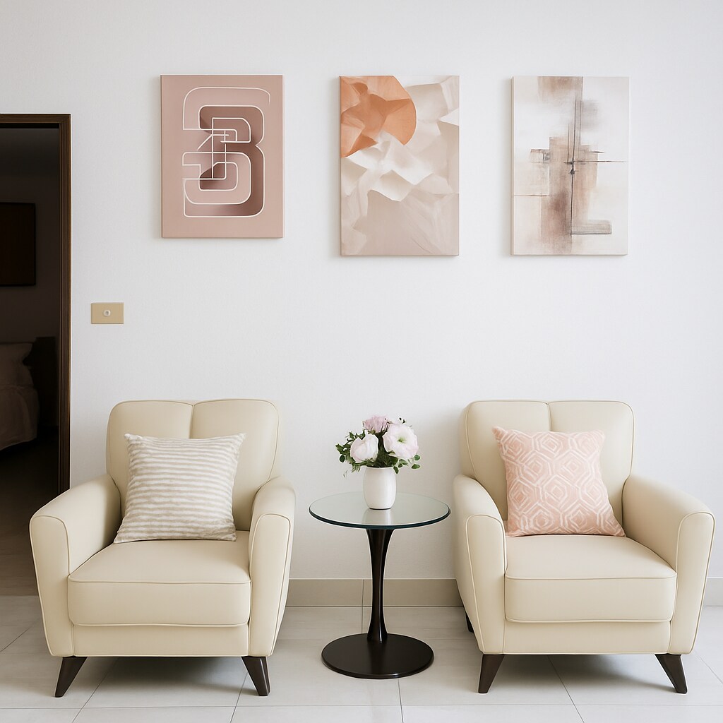 Two light-colored armchairs are positioned beside a circular black table. Above them, three abstract art pieces in soft peach and neutral tones adorn the wall. A small vase with fresh flowers rests on the table, adding a touch of natural beauty to the space.