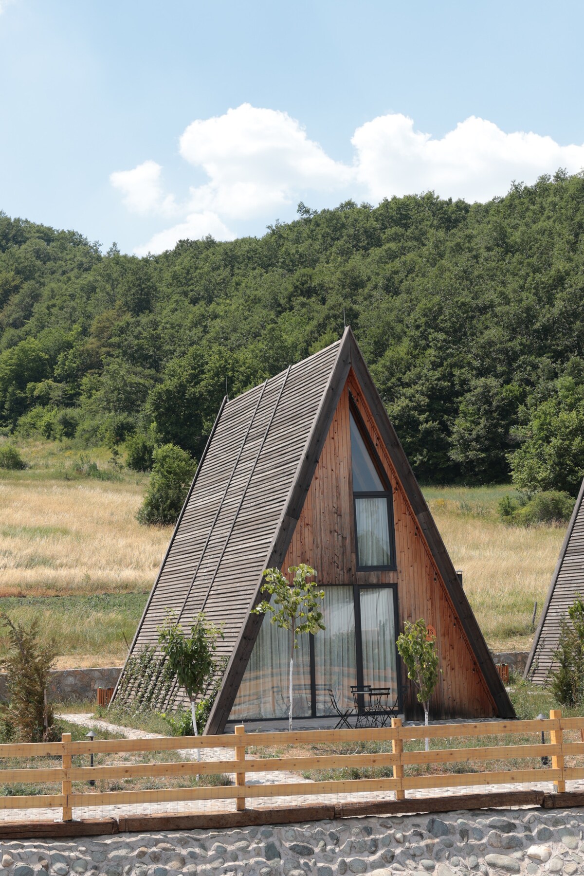 A modern chalet is presented with a distinctive A-frame silhouette, featuring wooden accents and large windows. The surrounding landscape includes lush green hills and a grassy area, while a wooden fence frames the property, enhancing its natural setting.