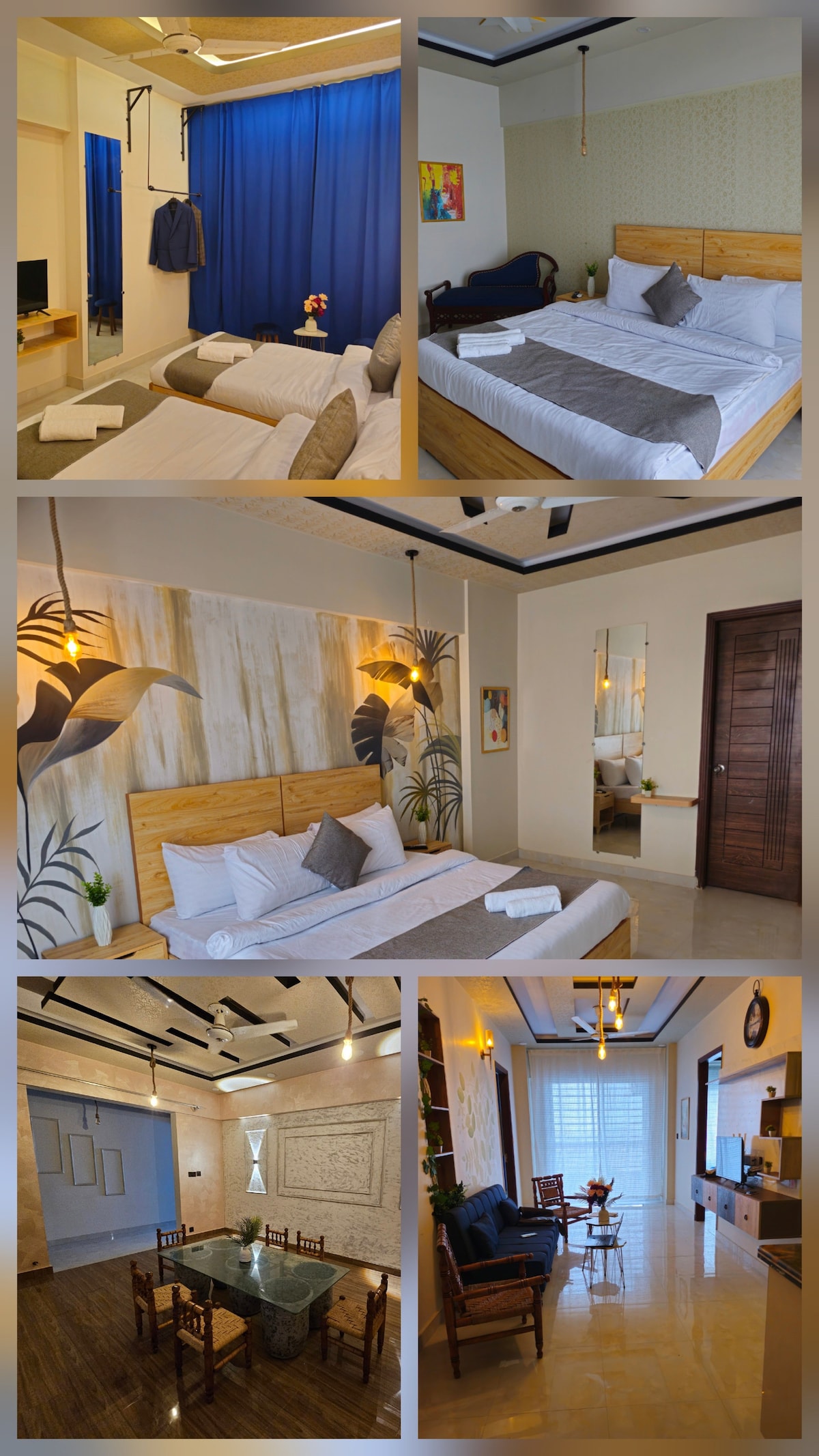 A modern and bright room is showcased, featuring a spacious bed with neatly arranged linens. A large window lets in ample light, while decorative plants and pendant lights add a touch of style. The room includes a smart TV and a cozy seating area for relaxation.